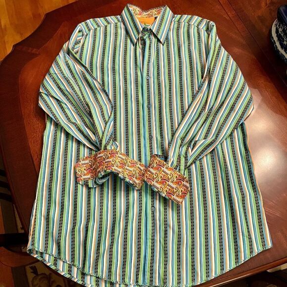 EEUC Men's Robert Graham Striped‎ Shirt Contrasting Cuff Lining Size XLT XL Tall - Picture 1 of 8